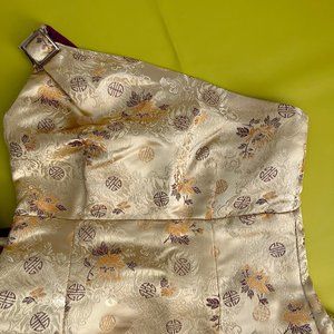 One Shoulder Formal Gown, Gold and Maroon Metallic Floral Brocade, Size 1/3